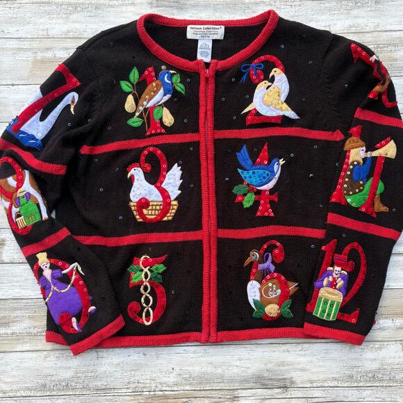 VTG Heirloom Collectables Christmas Sweater PXL Ramie Black Red 12 Days Full Zip - Picture 6 of 11